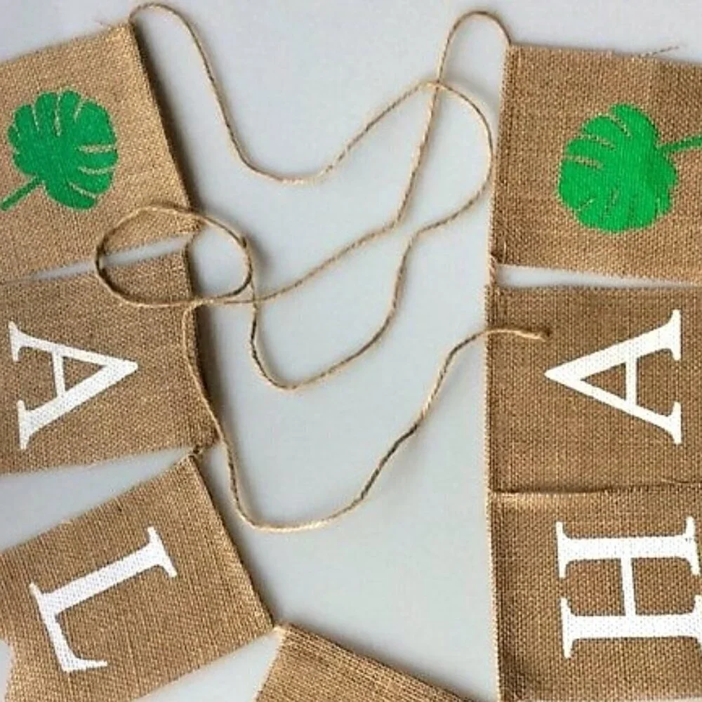 NEW ALOHO RUSTIC BURLAP BANNER PALM LEAVES HAWAIIAN TROPICAL PARTY DECOR